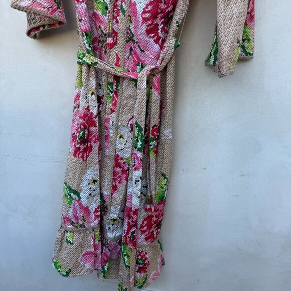 NWT Farm Rio Linen Midi Dress Woven Beige Floral Neck Tie Jute Accent Ruffles - Picture 4 of 9